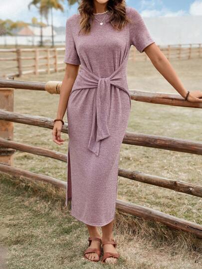 SHEIN LUNE Solid Color Front Knot Dress