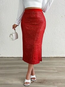 SHEIN Unity 大码亮片侧开衩紧身红色裙子，情人节时尚