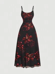SHEIN MOD فستان مبطن بالشبك الأنيق بطبعات زهور بورغندية على خلفية سوداء فاخرة مناسب للمقاسات الكبيرة ، ملابس للعطلة
