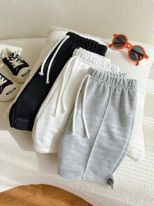 SHEIN Leap Crew 3pcs/Set Young Boys Casual Cute Basic Classic Black White Gray Loose Drawstring Hoodie And Shorts Set, Buy 2 Get 1 Free, Suitable For Traveling, School, Daily Gatherings, Spring/Summer - Multicolor - View 6