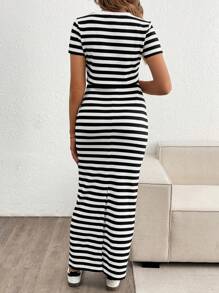 SHEIN 2pcs/Set Maternity Striped Short Sleeve Top And Fishtail Skirt Set - Black and White - View 2