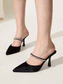 CUCCOO CHICEST Giày cao gót mũi nhọn đính pha lê vải lụa đen thời trang cho nữ, thích hợp đi làm, hẹn hò, tiệc tùng, ngày lễ, đám cưới - màu đen - Xem 4