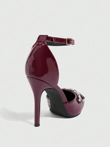 CUCCOO SZL Burgundy Rhinestone Embellished Pointed Toe High Heel Hollow-Out Women Evening Party Club Dress Shoes Spring Shoes Spring Break Easter Prom Heels - Burgundy - View 7