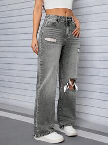 SHEIN Tall 女士高腰破洞男友风牛仔裤，复古 Y2K 水洗牛仔裤