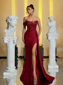 Glamrae Elegant & Luxurious Sequin & Lace Patchwork Elastic Knit Fish Bone Pleat Slit Fish Tail Hem Dress With Side Draped Panels, Wedding Guest Dress, Suitable For Weddings, Parties, Vacations, Formal Events, Party Dress, Evening Dress,Gown - Burgundy - View 1