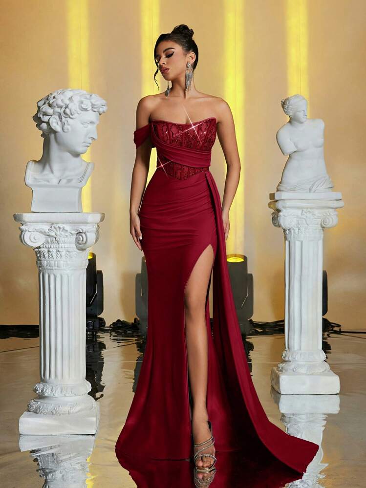 Glamrae Elegant & Luxurious Sequin & Lace Patchwork Elastic Knit Fish Bone Pleat Slit Fish Tail Hem Dress With Side Draped Panels, Wedding Guest Dress, Suitable For Weddings, Parties, Vacations, Formal Events, Party Dress, Evening Dress,Gown - Burgundy - View 1