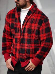 Manfinity Homme Chaqueta de forro polar casual a cuadros para hombres, otoño/invierno