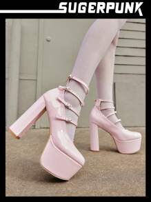 Sugerpunk High Platform Strap Roman Pumps For Ladies, Chunky Heel Stage Shoes Spring Shoes Spring Break Easter Prom Heels - Pink - View 1