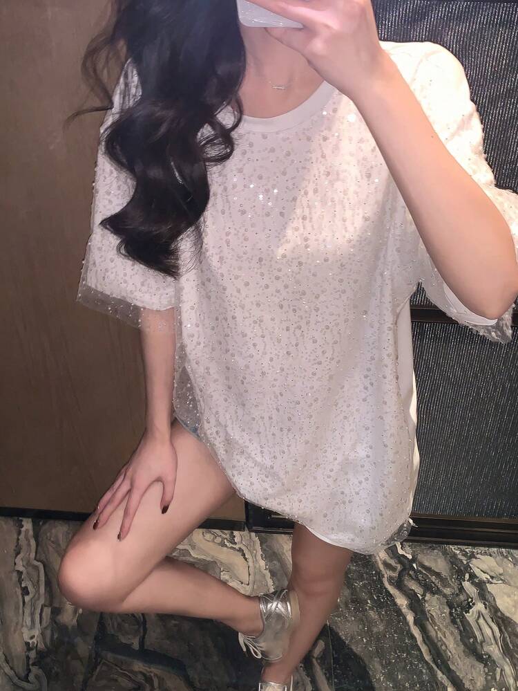 Women Shiny Mesh Short Sleeve Beaded T-Shirt With 2 In 1 Design, Sequin New Years T-Shirt Carnival
