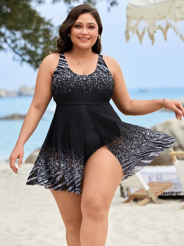 Swim Lushoire Plus Size Women One-Piece Printed Simple Swim Dress For Summer Vacation