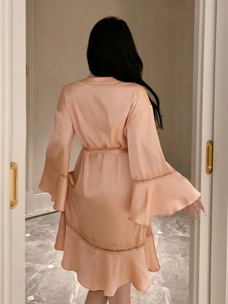 Satin Robe With Ruffled Lapel For Women Pajama