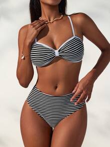 Swim Vcay 海军风格条纹纹理女士比基尼套装泳装，适合夏季海滩度假 - 黑與白 - 查看 3
