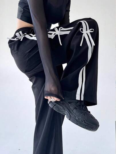FRIFUL Women's Black Sports Long Pants With Contrast Color Ribbon Tie, For Spring