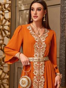 Layrah Orange Beaded Embroidery Waist Cincher Long Sleeve Dress, Arabian Dresses Kaftan Jalabiya Dress - Orange - View 6