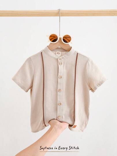 Cozy Pixies 男童撞色镶边短袖衬衫，休闲百搭，适合夏季穿着