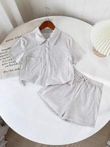 2 件套女童休闲 Polo 领短袖短款上衣带口袋和高腰阔腿宽松短裤套装，夏季 - 灰色 - 查看 3