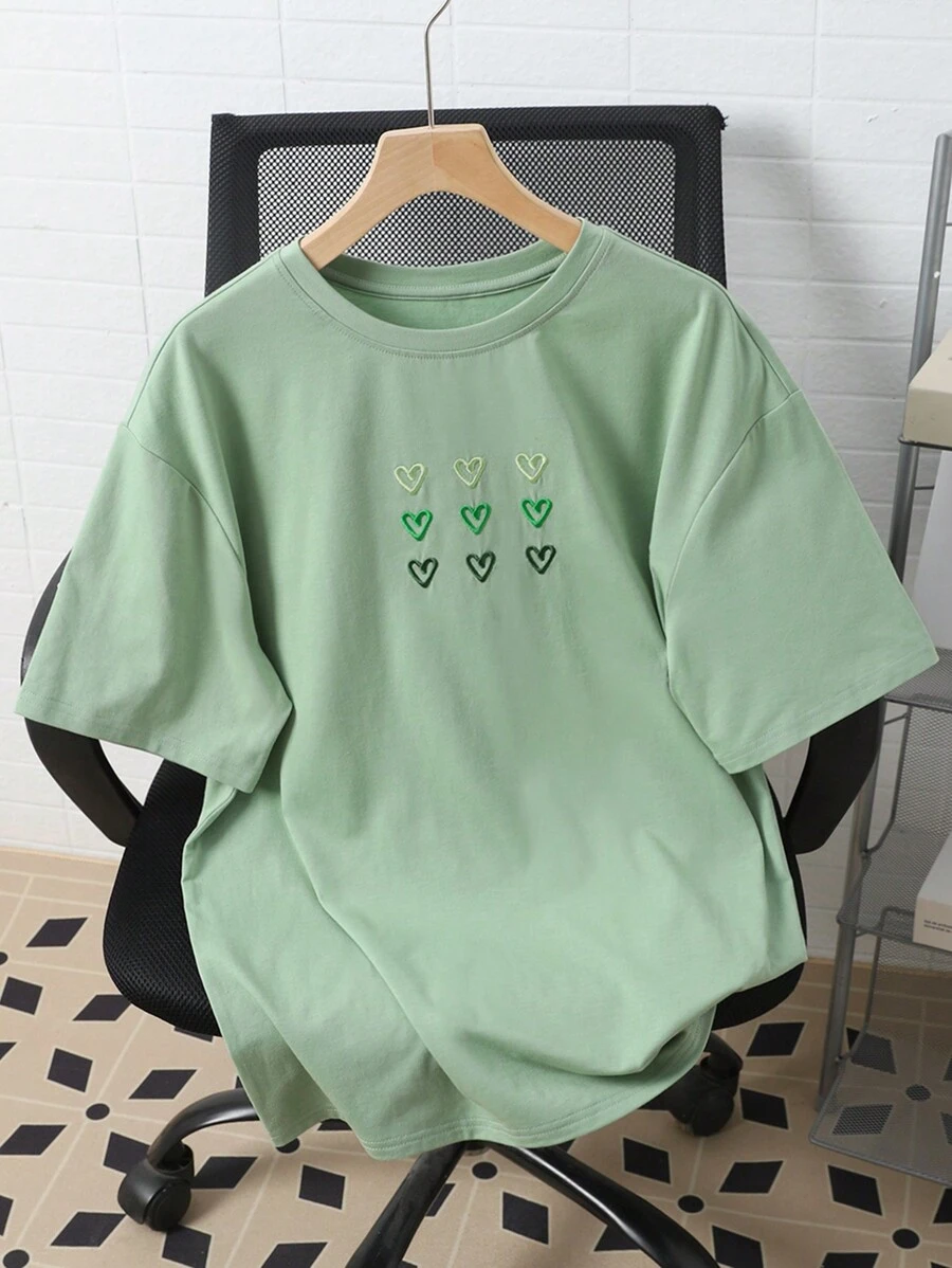 SHEIN Teen Girl Gray Green Heart Embroidery Sweet,Round Neck Short Sleeve Letter Print Casual T-Shirt,Oversize