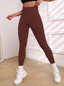 Easithlete 女式高腰无缝紧身裤 - 修身收腹提臀紧身裤，适合跑步、骑行、瑜伽、泡菜球运动、休闲 - 紅木色 - 查看 4