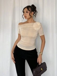 Calvaya Camiseta con hombros abiertos lisa para mujeres, estilo sencillo y casual para uso diario