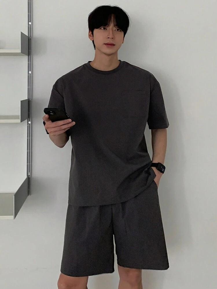 Summer Solid Grey Casual T-Shirt Set For Men