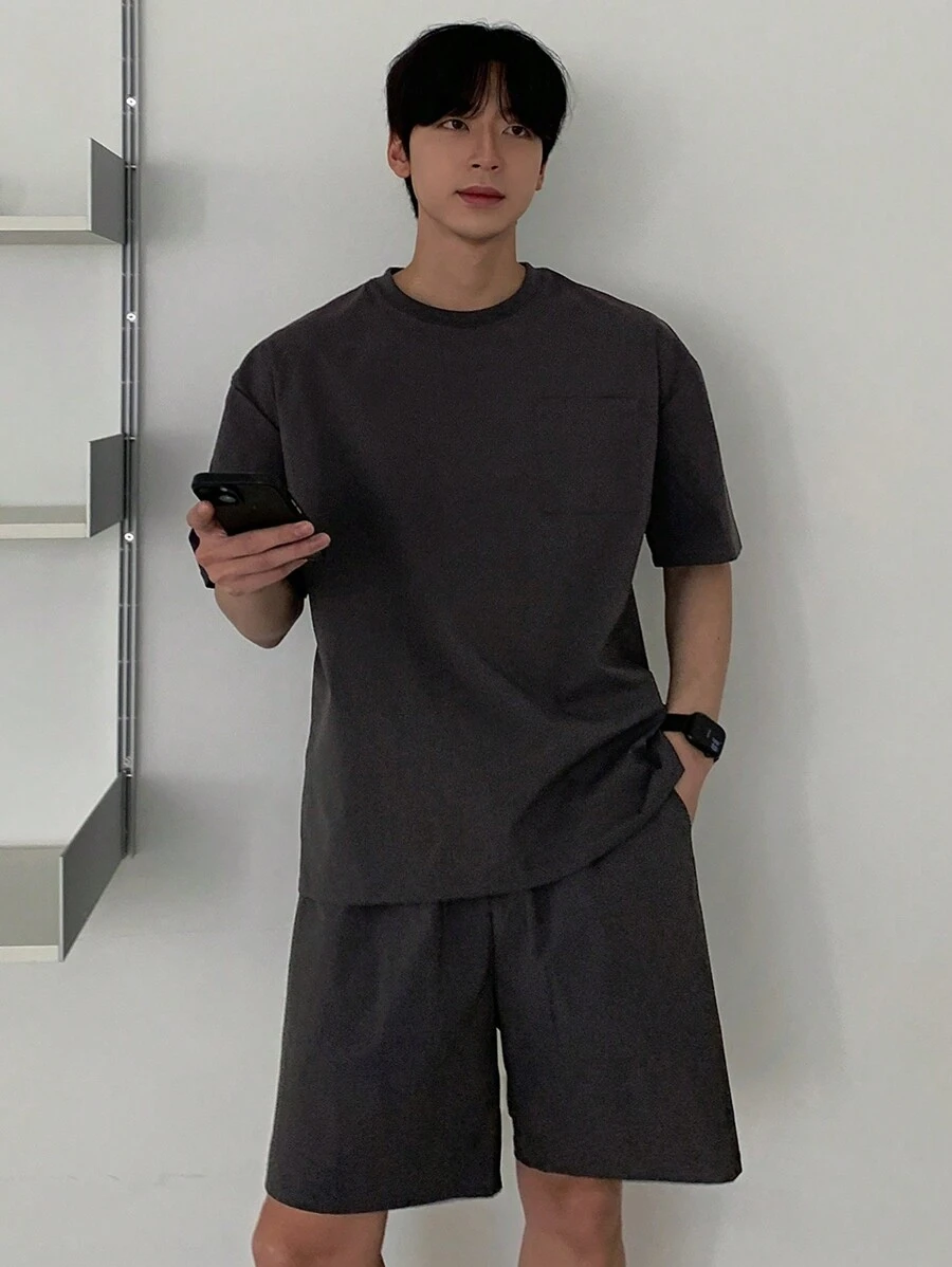 DAZY Summer Solid Grey Casual T-Shirt Set For Men - Grey - View 1