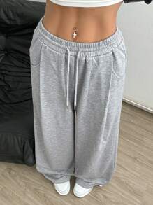 Lunelith SHEIN Lunessa Elastic Waist Drawstring Wide Leg Comfortable Sweatpants With Pleated Cuffs