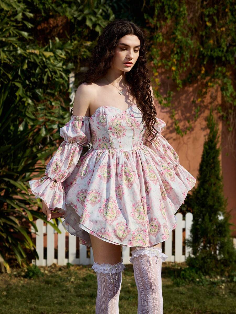 SHEIN MOD Off Shoulder Ruffle Sleeve Party Mini Dress With Asymmetrical Hem And Floral Print For Women, Pink Print, Lotus Sleeves, Princess Party Dress - Multicolor - View 1