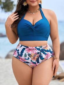 Swim Lushoire Plus Size Women 2pcs Set Plant Print Ruched Bikini Swimwear Set, For Summer Beach Vacation - Multicolor - View 1