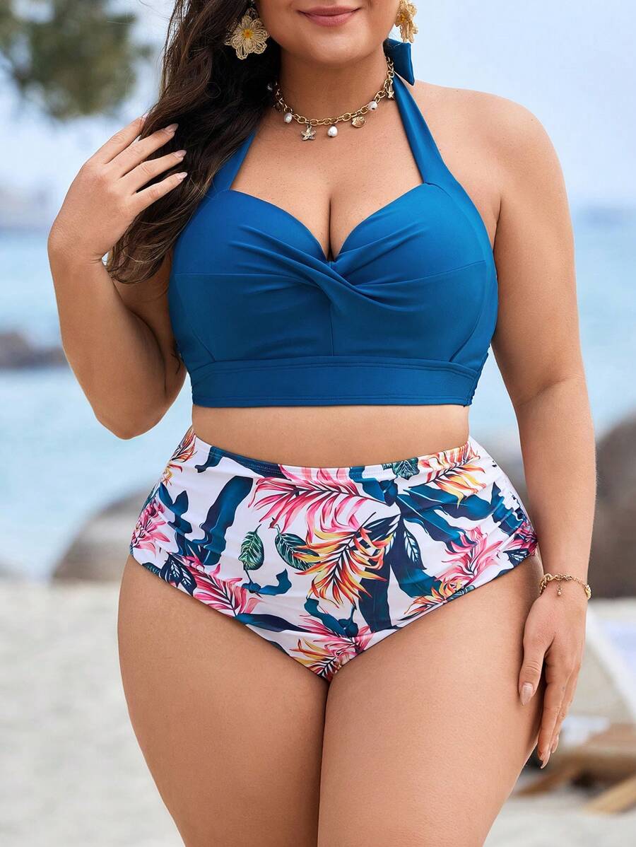 Swim Lushoire Plus Size Women 2pcs Set Plant Print Ruched Bikini Swimwear Set, For Summer Beach Vacation - Multicolor - View 1