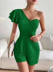 SHEIN Privé Women's Solid Color Open Shoulder Casual Everyday Romper - Green - View 5