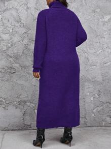 SHEIN Privé Plus Size Comfortable Casual Loose Fit High Neck Thick Fleece Pullover Sweater Dress, Can Be Worn As Outerwear Or Standalone, Women's Black Long Sleeve Knit - Purple - View 2