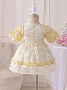 Glamorique Kids Fancy Cutout Pattern Puff Sleeve Girls Dress, Spring/Summer - Yellow - View 2