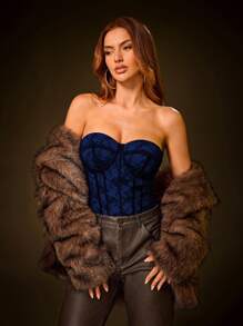 SHEIN SXY 黑色上衣，秋季女装；蕾丝上衣；情人节性感夜店黑色蕾丝撞色紧身胸衣短筒紧身衣 - 寶藍色 - 查看 4