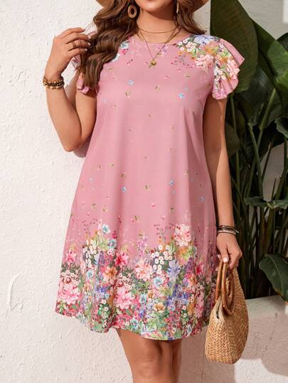 SHEIN LUNE Vestido casual de talla grande con estampado floral y de mariposas, con escote recortado, para el Día de San Valentín