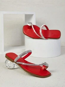 SHUZIA Sandalias planas con tira fina y decoración de rhinestones, cómodas y de moda, con aros para los dedos, para uso diario y vacaciones