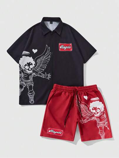 Street Life بدلة رجالية قصيرة الأكمام مع طباعة قلب الملاك والشورت