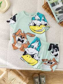 Set van 2 stuks met casual, comfortabele, stijlvolle T-shirts en shorts voor jongens met groot konijnenpatroon, geschikt voor het voorjaar en de zomer.