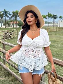 Flirla Große Größen Boho Französischer eleganter einzigartiger Hohlspitzen-Patchwork Puffärmel Bluse, süß und niedlich für den Urlaub, für den Sommer