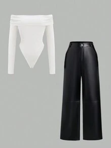 Sweetra 2件套露肩长袖紧身衣和PU皮革休闲裤 - 彩色 - 查看 1