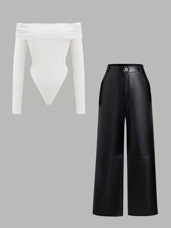 Sweetra 2件套露肩长袖紧身衣和PU皮革休闲裤