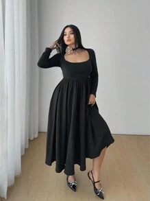 Celure Plus Size Casual Fitted Long Dress, French Style, Minimalist & Fashionable, Suitable For Daily Wear