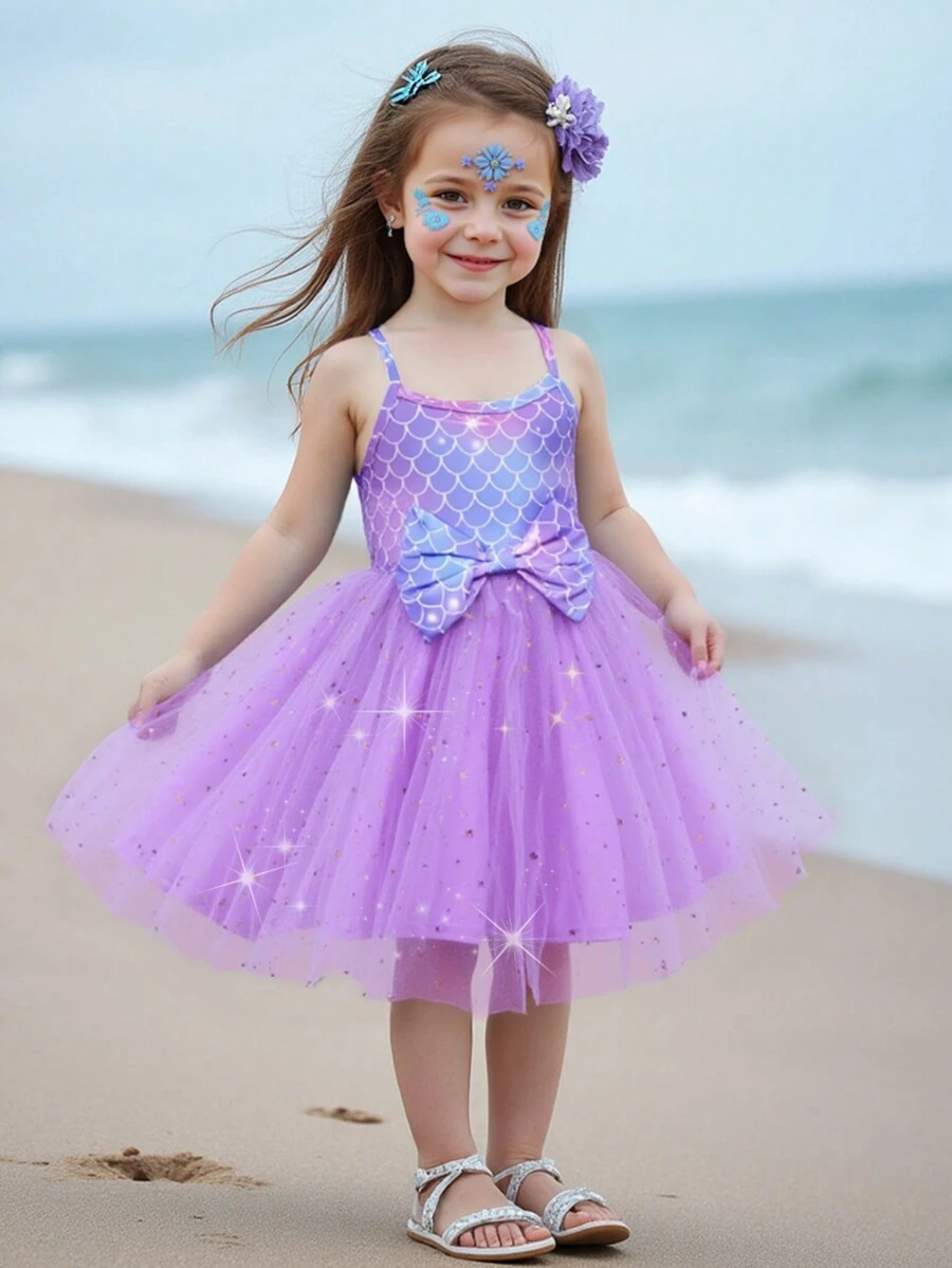 SHEIN Elladie kids 年轻女孩舞会礼服夏季时尚吊带美人鱼礼服，蝴蝶结亮片网眼度假生日公主裙 - 紫色 - 查看 1