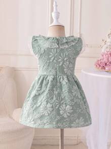 Glamorique Kids Vestido de princesa elegante y lindo para bebés niñas, manga corta con cuello de volantes, de satén estructurado, para primavera/verano - Verde - Ver 2