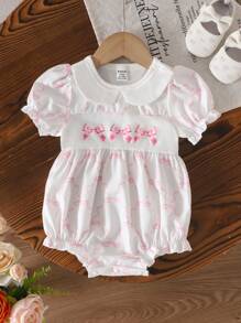 Souflis Souflis Baby Girls Summer Simple Pink Butterfly Pattern Puff Sleeve Adorable Gather Ruffle Hem Casual Outing Essential