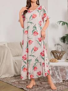 Ruched Peplum Hem Floral Print Long Nightgown - Multicolor - View 3