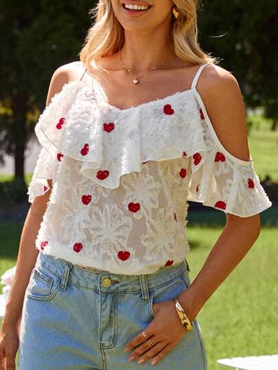 SHEIN VCAY Romantic Elegant Vacation Style Women's Camisole With Embroidered Heart Graphic, Valentine's Day ,Spring Women Easter Top ,Tea Party , Spring, Red Heart