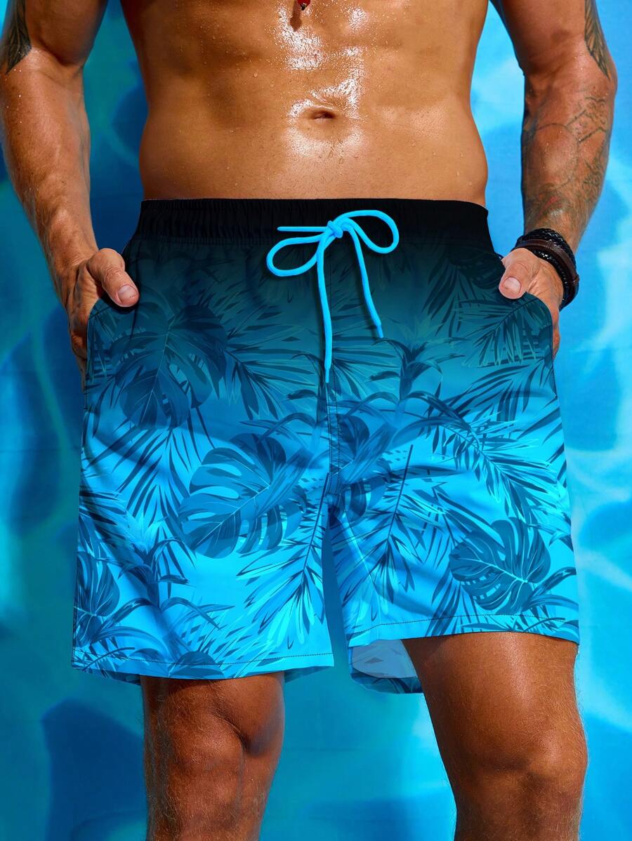 Manfinity Swimmode Men's Plant Print Ombre Drawstring Waist Beach Shorts,Hawaiian