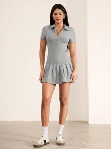 SHEIN Unity Camisa casual de mujer de manga larga con un solo abotonado, hombros caídos y estampado de tinta - Gris - Ver 3