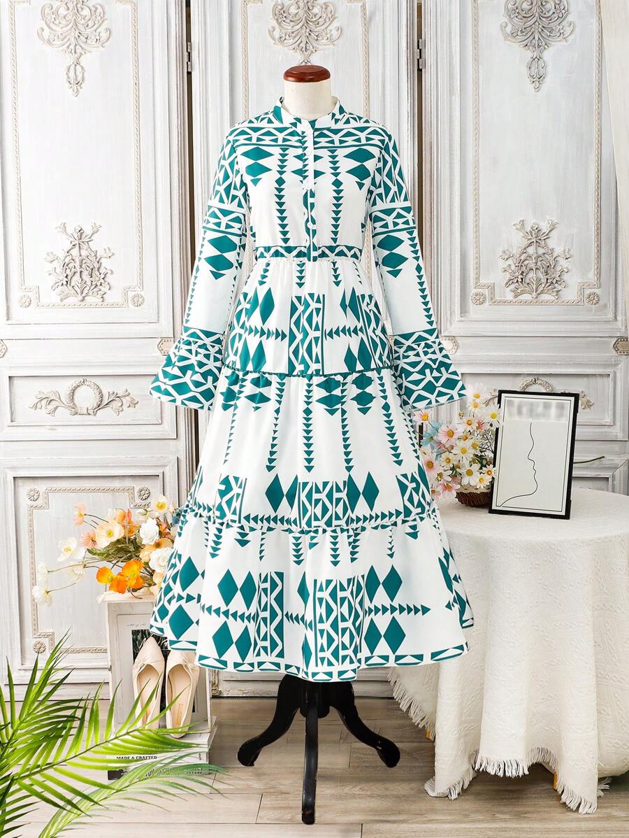 SHEIN 1pc Teen Girl Geometric Digital Print V-Neck A-Line Ruffled Hem Loose Fit Long Sleeve Spring/Ramadan Dress, Suitable For Outing And Home(Sibling Outfits Matching Outfits, 2 Pieces Sold Separately) - Blue and White - View 1