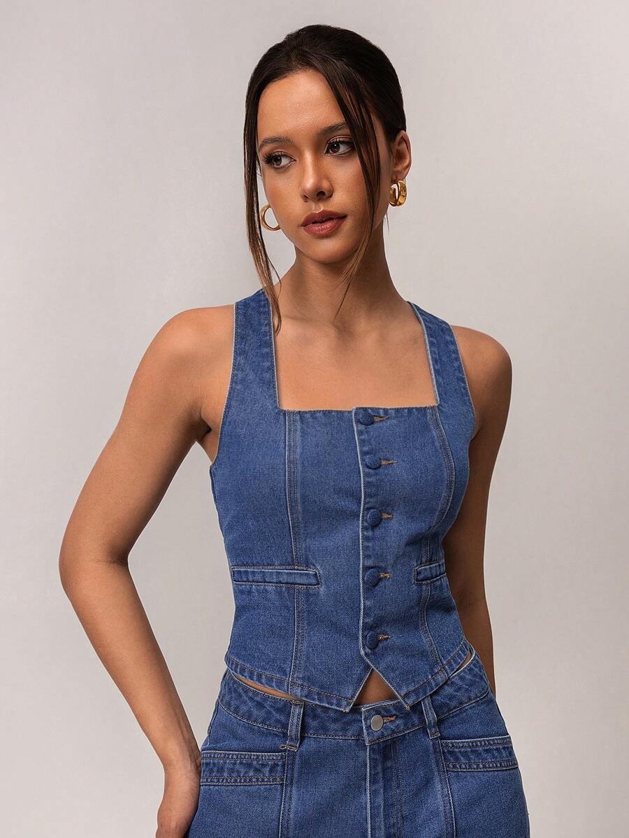 Forever 21 女士单排扣方领无袖休闲牛仔衬衫 - 藍色 - 查看 1